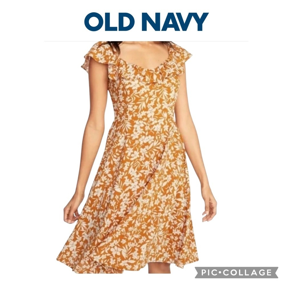 Old Navy floral cami mini dress ruffled v neck mustard white size M